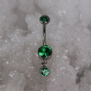 dark green swarovski triple gem dangle charm navel bar industrial strength 14g 1.6mm internally threaded implant grade titanium curve