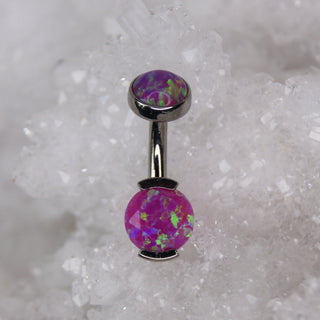 magenta faux opal fauxpal double gem prong set navel bar industrial strength 14g 1.6mm internally threaded implant grade titanium curve