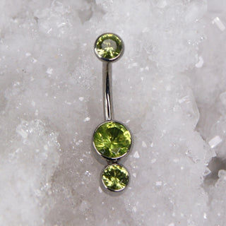 paradise green peridot swarovski triple gem navel bar industrial strength 14g 1.6mm internally threaded implant grade titanium curve