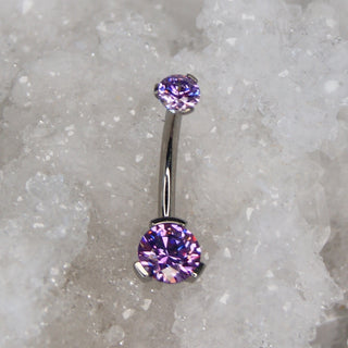 fancy purple swarovski double gem prong set navel bar industrial strength 14g 1.6mm internally threaded implant grade titanium curve