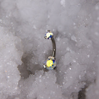 industrial strength navel belly bar 3 prong implant grade titanium internally threaded curved bar barbell aurora borealis cz