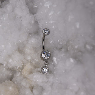 swarovski triple gem dangle charm navel bar industrial strength 14g 1.6mm internally threaded implant grade titanium curve