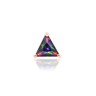 triangular cut gem. iridescent duochrome mystic topaz. green and purple rflective genuine gemstone set in 14k rose gold. gift idea for him for her piercing lovers earrings from junipurr