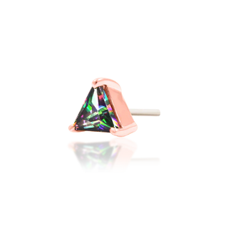 triangular cut gem. iridescent duochrome mystic topaz. green and purple rflective genuine gemstone set in 14k rose gold. gift idea for him for her piercing lovers earrings from junipurr