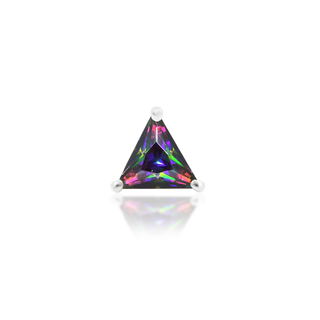triangular cut gem. iridescent duochrome mystic topaz. green and purple rflective genuine gemstone set in 14k white gold. gift idea for him for her piercing lovers earrings from junipurr
