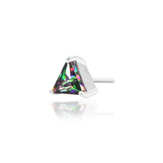 triangular cut gem. iridescent duochrome mystic topaz. green and purple rflective genuine gemstone set in 14k white gold. gift idea for him for her piercing lovers earrings from junipurr