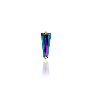 Mystic topaz iridescent purple/green duochrome multichrome tapered baguette genuine natural stone in tapered baguette shape by junipurr jewellery. set in 14k yellow gold threadless push fit attachment,