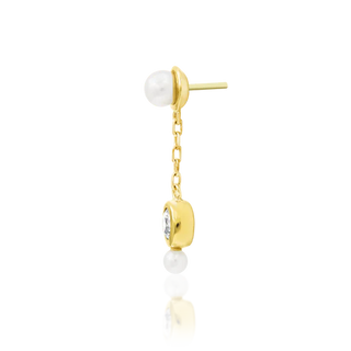 junipurr jewellery lala chain threadless push fit attachment. genuine freshwater pearls with cz gem. dangling earring with charm. 14k yellow gold