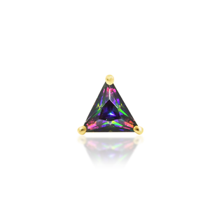 triangular cut gem. iridescent duochrome mystic topaz. green and purple rflective genuine gemstone set in 14k yellow gold. gift idea for him for her piercing lovers earrings from junipurr