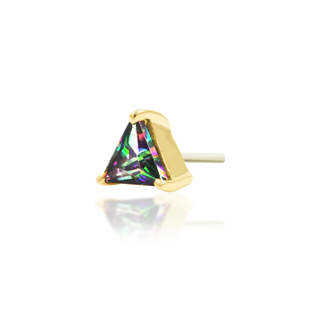 triangular cut gem. iridescent duochrome mystic topaz. green and purple rflective genuine gemstone set in 14k yellow gold. gift idea for him for her piercing lovers earrings from junipurr