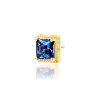 genuine natural mystic topaz threadless push fit piercing jewelry attachment from junipurr jewelry princess cut square rhombus faceted gem with milgrain rim setting bezel in 14k yellow gold