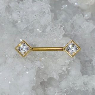 House Gold - 18K Gold Nipple Bar Ends - Square Zirconia with Gold Beading Accents